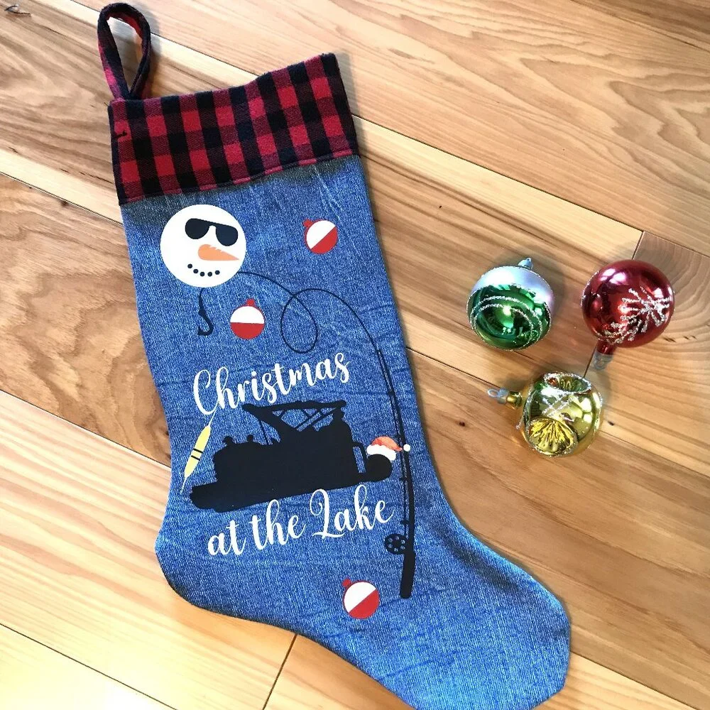 Denim Christmas Stocking, Lake House Fishing Decor Pontoon Boat Snowman